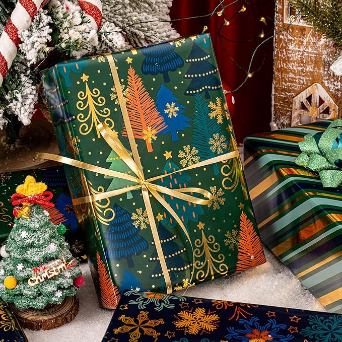 MAYPLUSS Christmas Wrapping Paper - 17 In x 120 In Per Roll - Vintage Navy Snowflake, Emeraled Green Chritmas Tree & Gold Stripe Design Holiday Gift Wrap w/Metallic Foil Shine for Festive Celebration