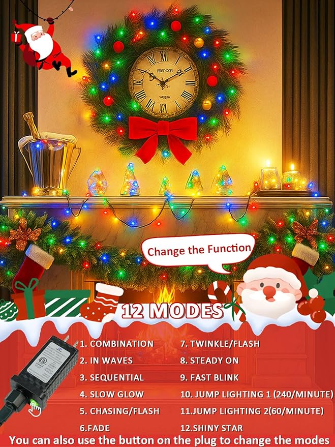 Voice Controlled Smart Christmas Lights Outdoor, 108.8ft 300 LED Twinkle String Light with 7 Voice Commands, 12 Modes & Timer, Dimmable Waterproof Christmas Tree Lights for Party Garden (Multicolor)