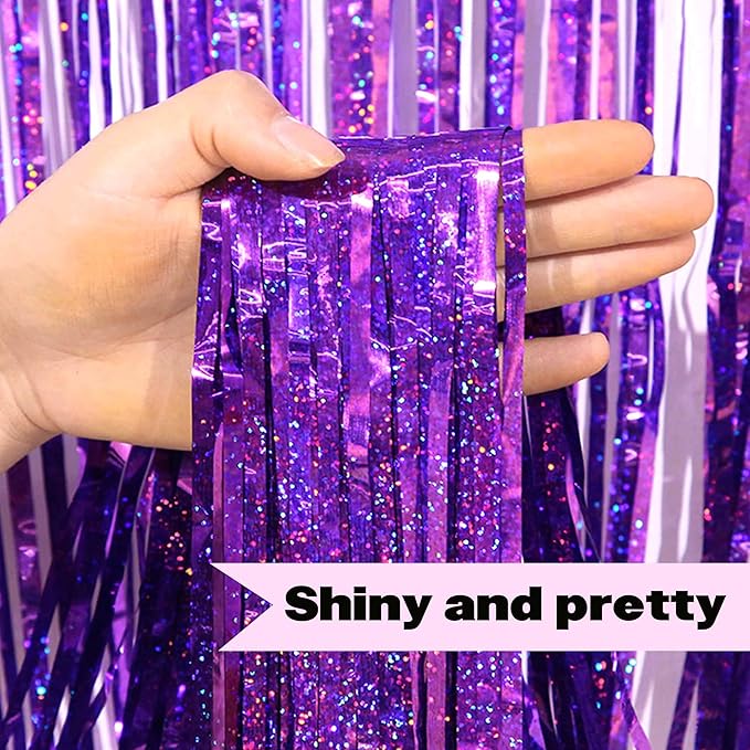 6 Pack Purple Foil Fringe Curtains Backdrop, 3.28 x 8.2 Ft Metallic Streamers Tinsel Curtains Background for Photo Booth, Birthday, Christmas, Halloween, Thanksgiving, New Year Party Decorations