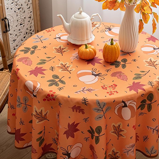 Thanksgiving Waterproof Tablecloth – Fall Harvest Pumpkins, Maple Leaves & Berries Print – Autumn Rectangle Table Cover for Dining or Party, Brown, 60" Round