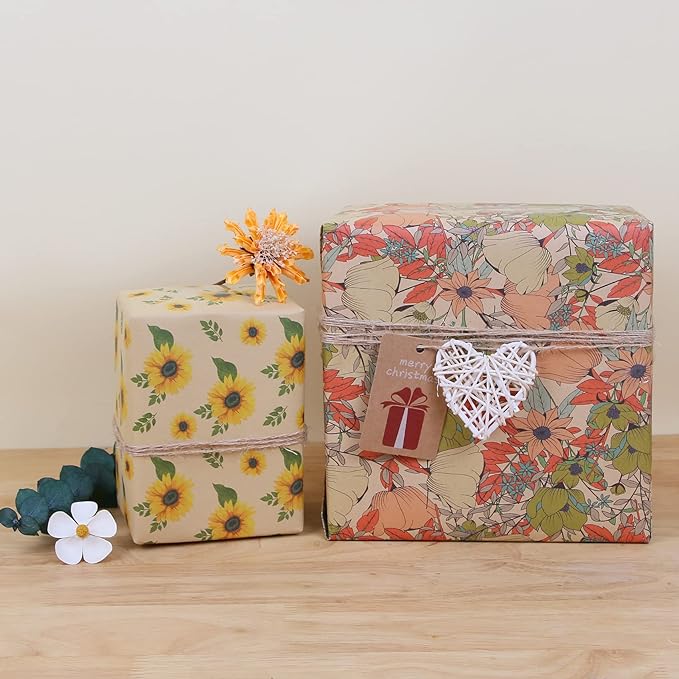 Aimyoo Kraft Floral Wrapping Paper Bundle, Vintage Sunflower Flower Gift Wrap Paper for Wedding Bridal Shower Birthday Rolls of 4, 17 in x 10 ft per Roll