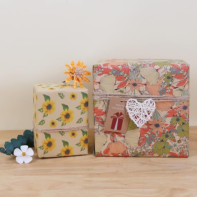 Aimyoo Kraft Floral Wrapping Paper Bundle, Vintage Spring Flowers Rose Gift Wrap Paper for Wedding Bridal Shower Birthday, 3 Rolls 17 in x 12 ft per Roll
