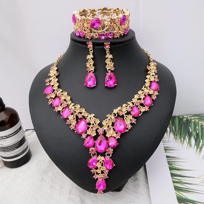 CSY Elegant Crystal Costume Jewelry Sets Flower Bridal Necklace Earrings Stretch Bangle Set for Bride Bridesmaid Wedding Dress Accessories
