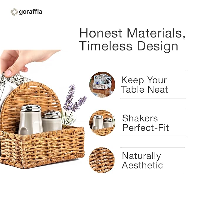 Rattan Napkin Holder with Salt & Pepper Organizer – 5.5"x5.5"x5.5" Cute Wicker Napkin Holder for Kitchen, or Dining Table, Handwoven Boho Organizer Tray (White Wash)