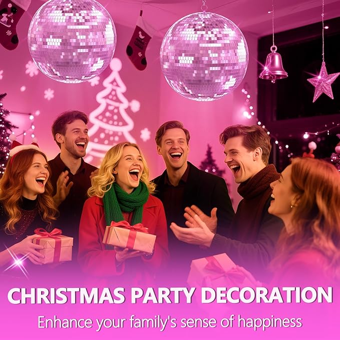 12 inch Pink Disco Ball, Hanging Mirror Ball, Wedding Decoration Disco Light Ball, Stage Lighting Effect，12/16/20 inch Home,Stage and Bar Glittering Decoration (12inch-Pink)