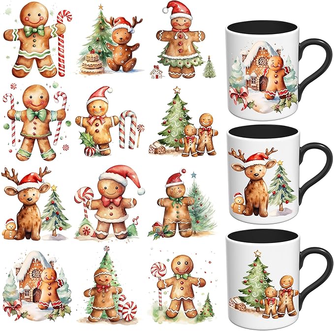 UV DTF Stickers - 12 Sheets Gingerbread Man UV DTF Cup Wrap for Coffee Mugs Glass, DIY Decals for Tumblers, Waterproof Rub on Transfers for Crafts