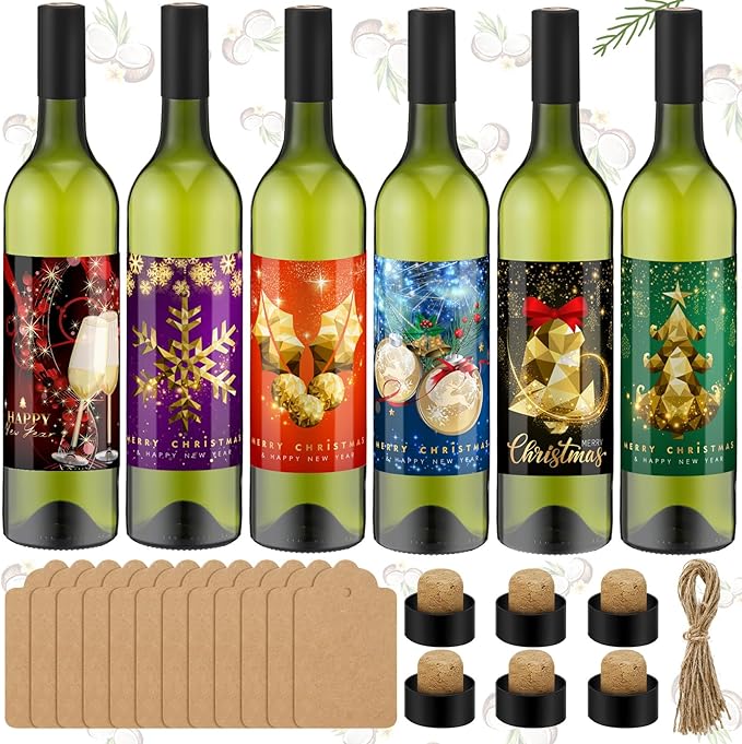6 Set Coquito Bottles 25 oz Christmas Glass Wine Bottles Brewing Bottles with Christmas Wine Bottle Stickers Airtight Caps for Home Brewing Coquito Beverages Liqueur
