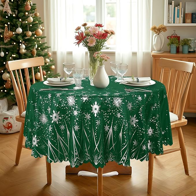 LUSHVIDA Christmas Round Tablecloth, 60 Inch Green (Fits 20-48 Inch Tables) Washable Water Resistance Circle Table Cloth Microfiber Decorative Table Cover for Holiday Banquet Party Kitchen Dining Room