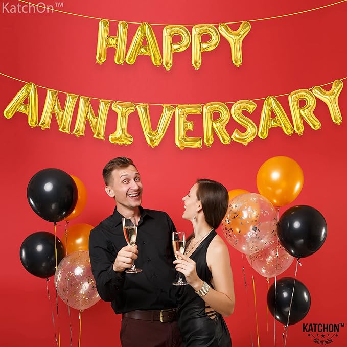 KatchOn, Gold Happy Anniversary Balloons Letters - Big, 16 Inch | Gold Happy Anniversary Decorations | Wedding anniversary Party Decorations | Wedding Love Party Celebrations