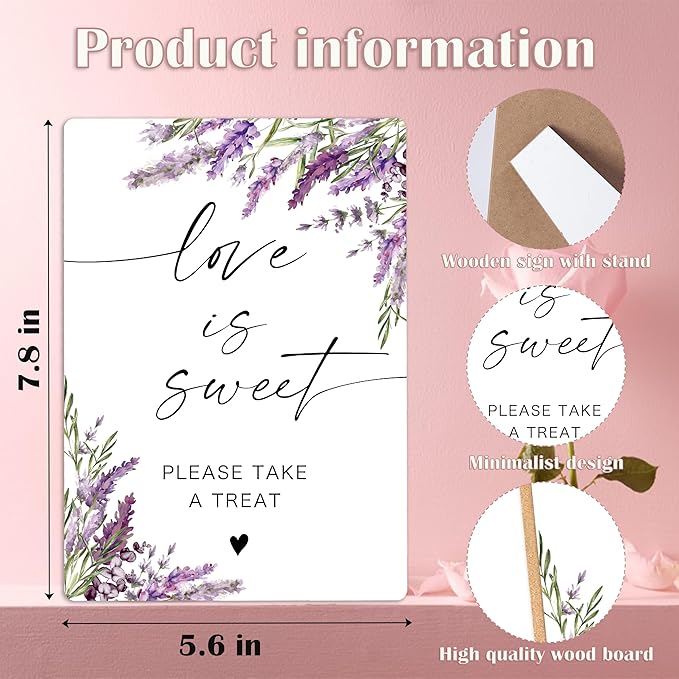 Love Is Sweet Sign, Lavender Dessert Table Decor, Bridal Shower Decorations, Wedding Reception Table Decorations, Purple Floral Wooden Sign with Stand for Wedding Reception And Bridal Party Decor, 37
