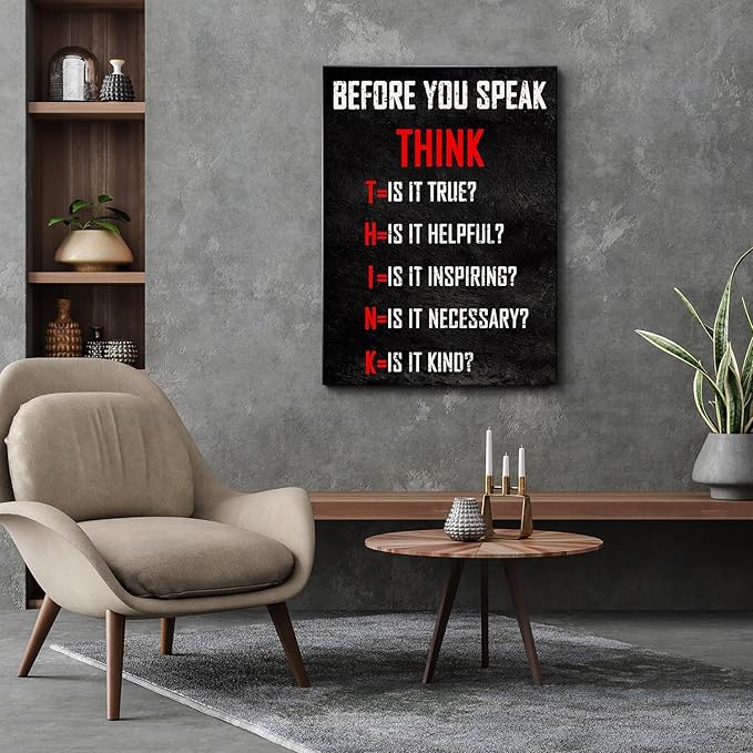 Think Before You Speak Motivational Wall Decor, Inspirational Wall Art for Office & Home, Positive Quotes Canvas Prints Ready to Hang, Uplifting Office Wall Art for Living Room or Bedroom