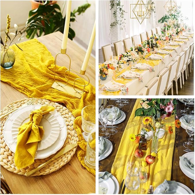 6 Pack Yellow Cheesecloth Table Runner 10FT Boho Gauze Fabric Table Runner 35 x 120 Inch Rustic Sheer Runner for Wedding Decor Baby Shower Party Boho Table Decoration(Yellow)