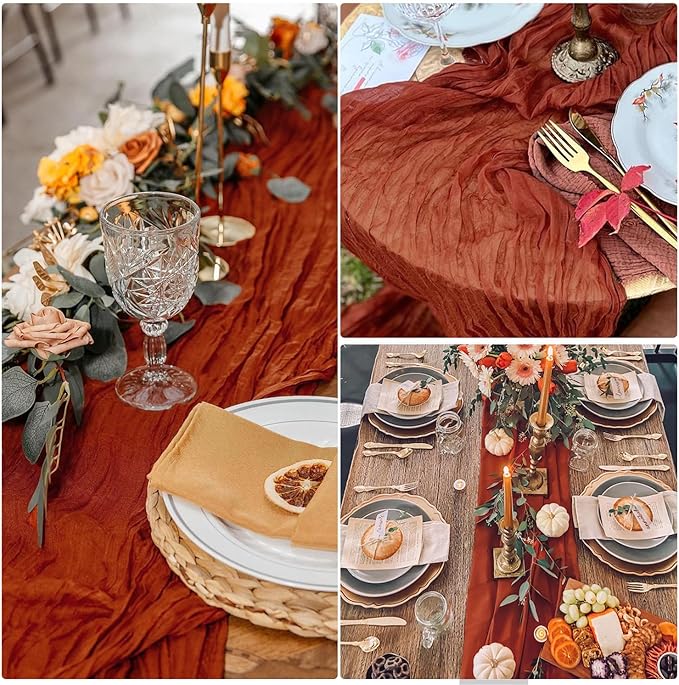 12 Pack Fall Table Runner Terracotta Cheesecloth 10FT Boho Gauze Fabric Burnt Orange Table Runner 35 x 120 Inch Rustic for Thanksgiving Wedding Decor Baby Shower Party Boho Decoration