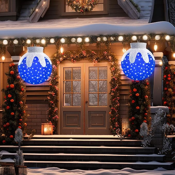 Outdoor Hanging Christmas Ornaments, Lighted Pop-Up Hanging Outdoor Holiday Ball Decoration, 8 Light Modes, Lighted Collapsible Holiday Decorations (Blue)