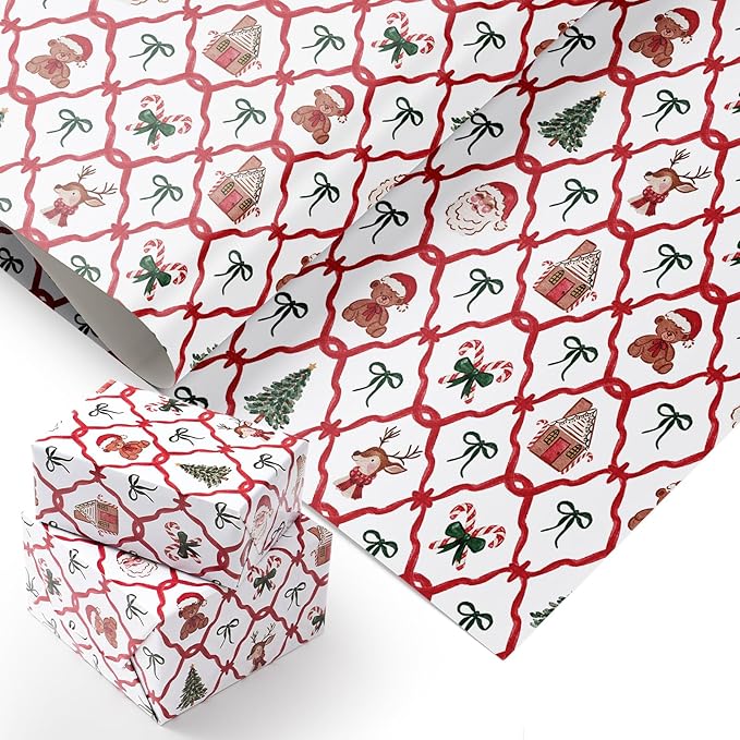 PlandRichW Christmas Wrapping Paper - Red & Green Santa Trellis with Reindeer, Gingerbread, Candy Canes & Teddy Bears - 40×28 Inch Xmas Gift Wrap, 4 Folded Sheets for Kids & Adults