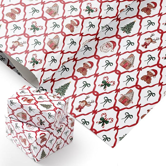 PlandRichW Christmas Wrapping Paper - Red & Green Santa Trellis with Reindeer, Gingerbread, Candy Canes & Teddy Bears - 40×28 Inch Xmas Gift Wrap, 4 Folded Sheets for Kids & Adults