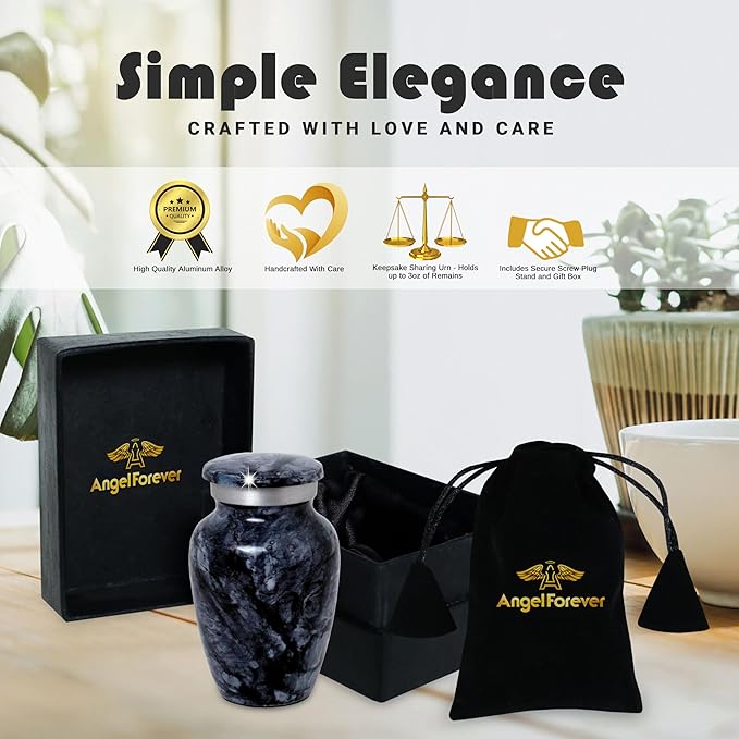 Small Keepsake Urn for Human or Pet Ashes – Handcrafted Dark Black Marble Mini Urn with Velvet Bag & Gift Box | Durable Metal Memorial Token Jar for Baby, Infant, Pet or Loved One – 3 Cu in