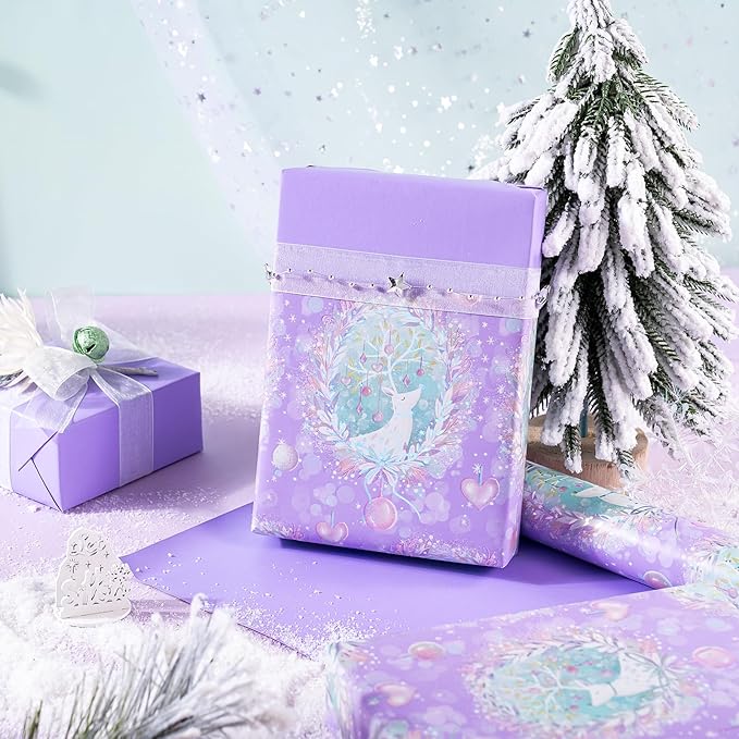 WRAPAHOLIC 30 Inch Jumbo Reversible Purple Christmas Wrapping Paper - 30 Inch x 100 Feet Jumbo Roll Purple Reindeer and Christmas Garland with with Metallic Foil Shine for Holiday, Party