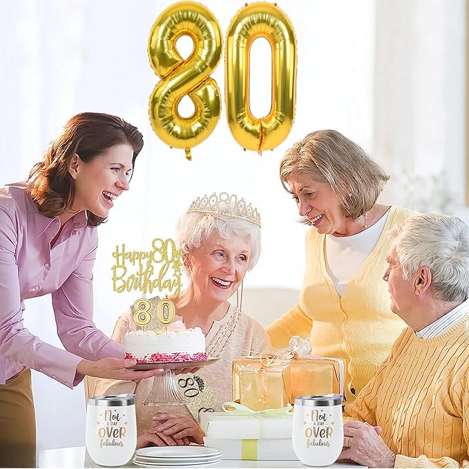 80th Birthday Decorations for Women Gold with 80th Birthday Sash and Tiara, Cake Topper and Candles, Number Balloons, 80 Year Old Gifts for Women