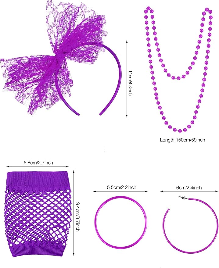 Blulu 80s Costume Accessories for Women Lace Headband Earrings Fishnet Gloves Necklace Bracelet for 80s Retro Party