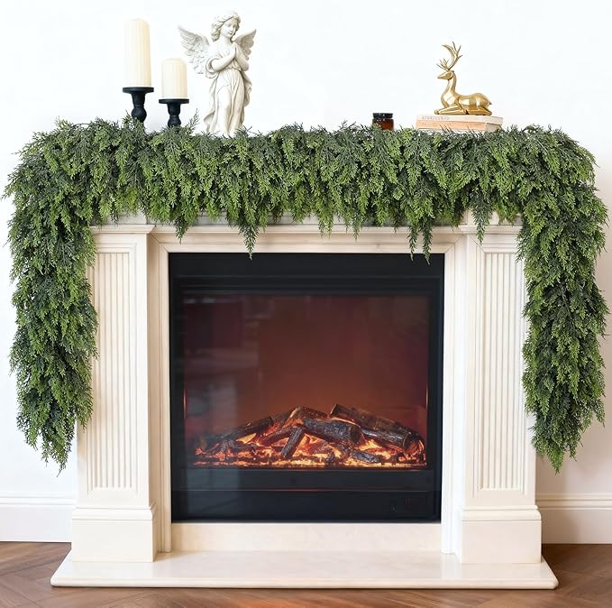 Real Touch Christmas Cedar Garland -9ft Artificial Garlands Faux Cedar Fake Pine Needles Garland for Fireplace,Table,Window,Stairs,Mante,Holiday Indoor Outdoor Xmas Decor(2PCS)