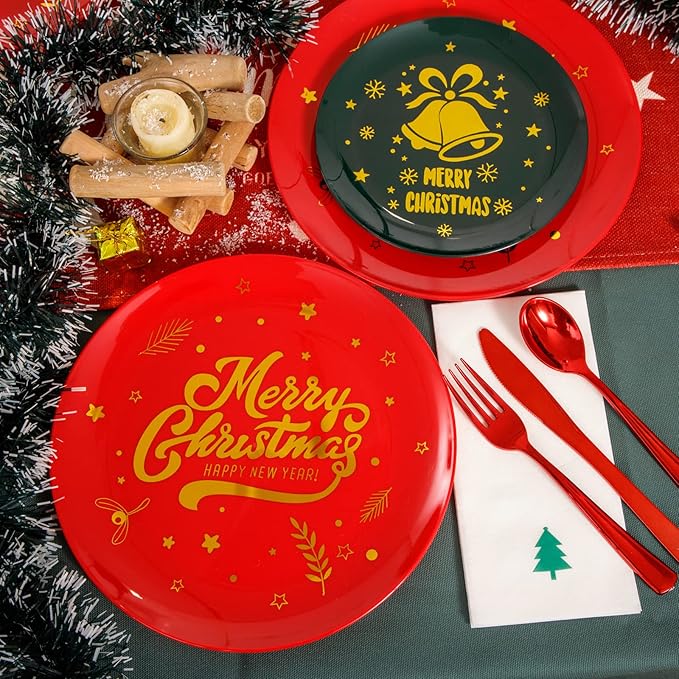WDF 175pcs Christmas Plates Plastic Disposable - 25Green Plates 25Red Plates with Gold Bells, 75Red Plastic Silverware, 25Clear Cups Red Rim and 25Christmas Tree Napkins for Parties