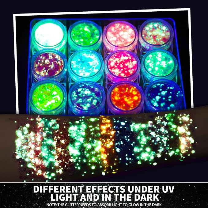 Teenitor 12 Colors Glow in The Dark Glitter Gel, Face Glitter Body Glitter Gel Hair Glitter for UV Black Light Halloween Makeup Raves Festivals