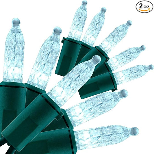 YULETIME Cool White Faceted LED Christmas Lights 200 Count 50 ft, Pack of 2 Strands 25 ft 100 Lights UL Certified Commercial Grade Green Wire Holiday String Light Set (Cool White)