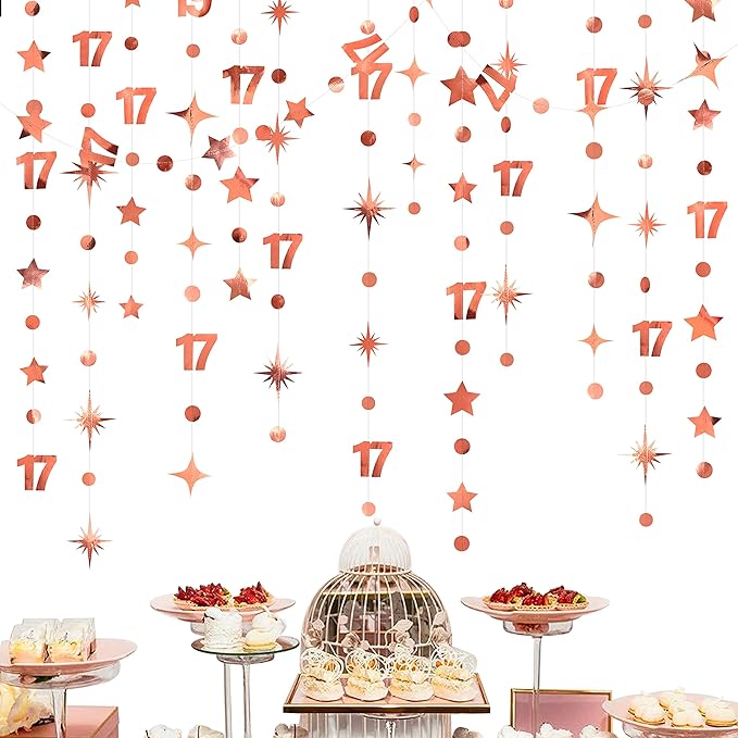 Rose Gold 17th Birthday Decorations Number 17 Circle Dot Star Garland Streamer Bunting Banner Backdrop for Girls Seventeen Year Old Birthday 17 and Fabulous Happy 17th Anniversary Party Supplies