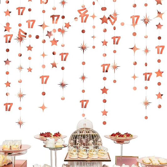 Rose Gold 17th Birthday Decorations Number 17 Circle Dot Star Garland Streamer Bunting Banner Backdrop for Girls Seventeen Year Old Birthday 17 and Fabulous Happy 17th Anniversary Party Supplies
