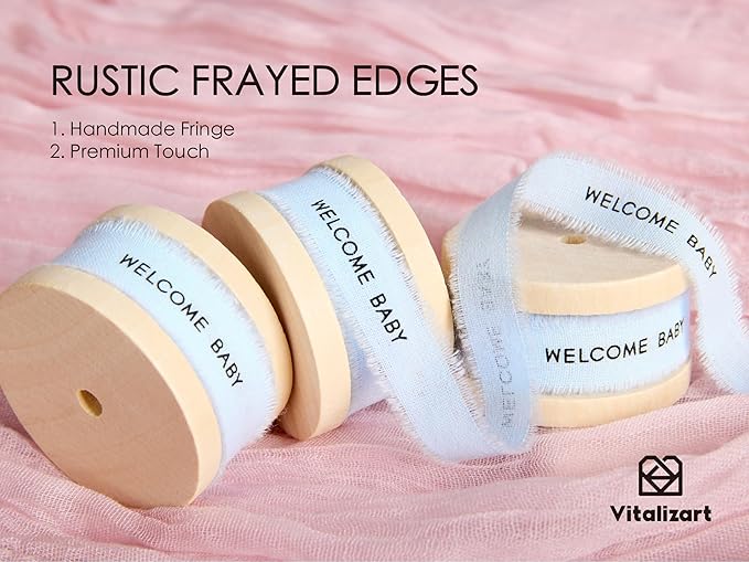 Vitalizart Welcome Baby Cotton Ribbon 5/8 Inch Natural Handmade Frayed Fringe Ribbons 15 Yd for Baby Shower Crafts Decor Gift Wrapping
