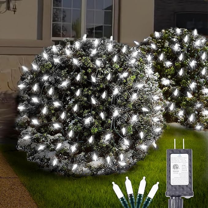 White Christmas Net Lights Outdoor 5ft x 6ft Connectable, 120Led 8 Modes Waterproof Black Wire 29V Plug in Mesh Net Christmas Lights for Garden,Yard, Bushes, Trunk, Xmas Tree Decor (Cool White)