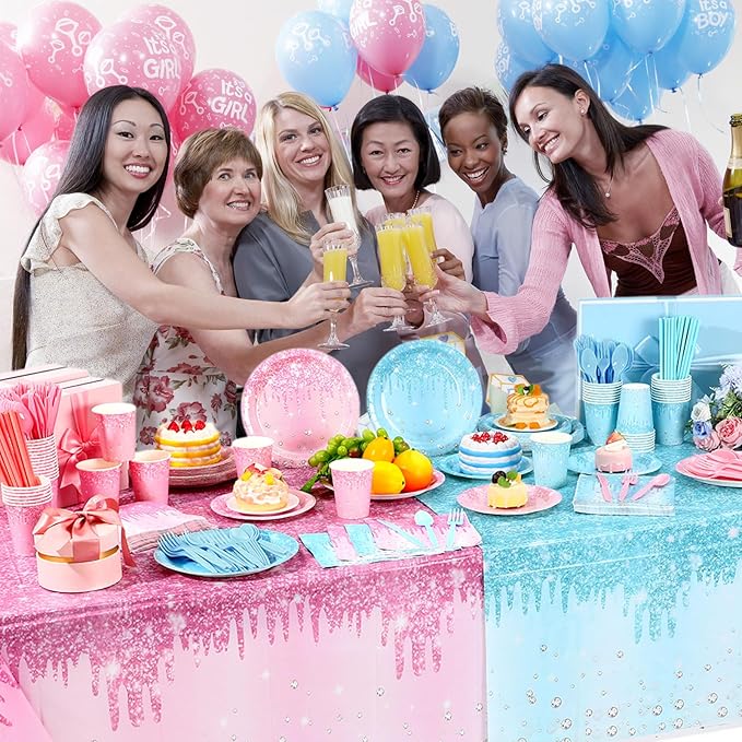 452 Pcs Gender Reveal Party Supplies Boy or Girl Party Decoration, Glitter Pink and Blue Paper Plates Napkins Cups Tablecloth Cutlery Straw for Baby Shower Birthday, Serves 50
