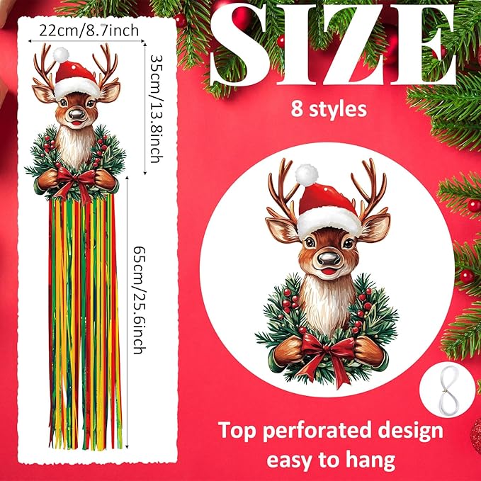 8pcs Christmas Windsocks Outdoor Hanging Decorations with Tassels Classic Christmas Yard Decorantion for Outside 3.3ft Xmas Signs for Wall Tree Home Lawn Yard Party Supplies Garden Decor