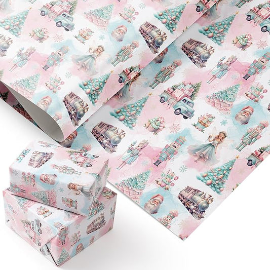 PlandRichW Nutcracker Christmas Wrapping Paper - Sweet Pastel Nutcracker Scene with Trees, Train & Angels - 40×28 Inch Xmas Gift Wrap, 4 Folded Sheets for Kids & Adults