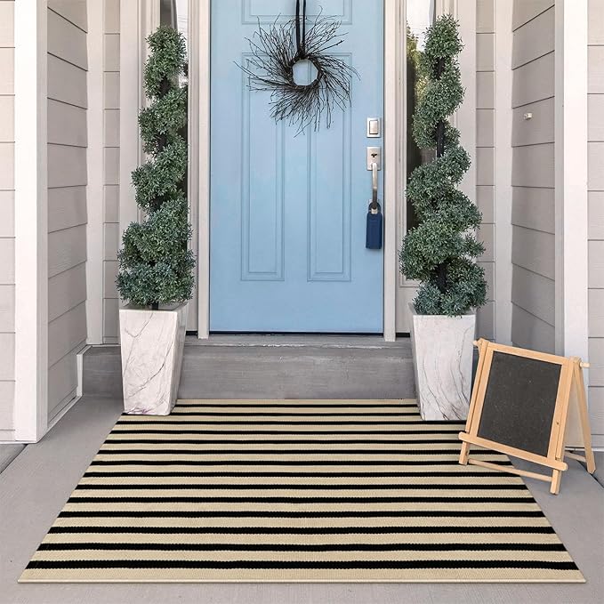 KIMODE Black and Khaki Striped Outdoor Rug 3'x 5', Washable Fall Patio Rugs, Cotton Woven Farmhouse Welcome Layered Door Mats for Front Door Entryway Thanksgiving Autumn Decorations