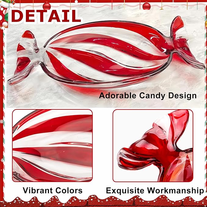 Christmas Candy Shaped Glass Dish Platter Oval Serving Tray Red Transparent Festive Dish for Xmas Holiday Party Cookies Fruit Peppermint Dessert Snack Charcuterie Decorative Gift, Large