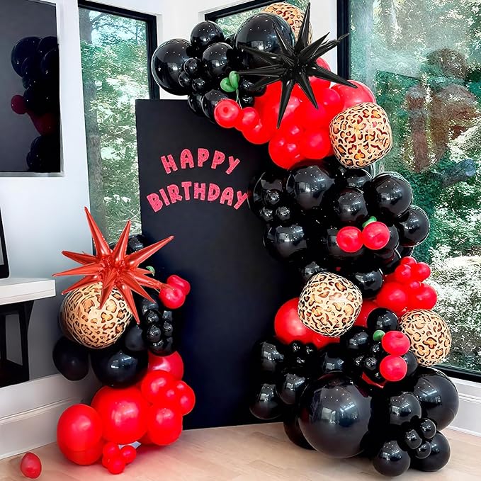 Red Black Balloons Garland Arch Kit, 133pcs Green Cherry Black Red Explosion Star Foil Balloons, 4D Cheetah Print Mylar Balloons for Berry Themed Birthday Baby Shower Bachelorette Party Decorations