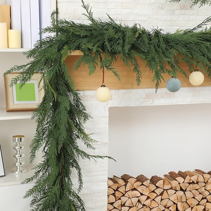 Jutom 1 PCS 6 ft Christmas Cedar Garland - Green Artificial Realistic Cedar Garland Faux Decoration for Table, Mantel, Wall Winter Holiday Party