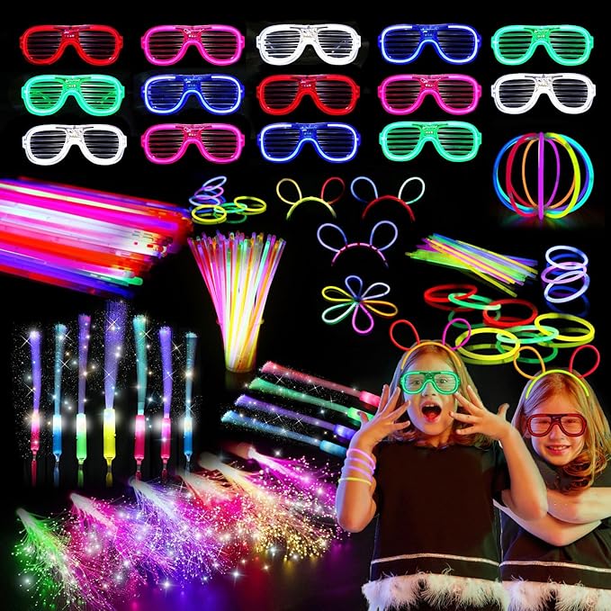 258 PCS Glow in the Dark Party Supplies,20 PCS Glow Fiber Optic Wands,20 PCS LED Glasses and 200PCS Glow Sticks Bulk Party Pack,18 Connector,New Years Eve, Wedding,Concert,Birthday