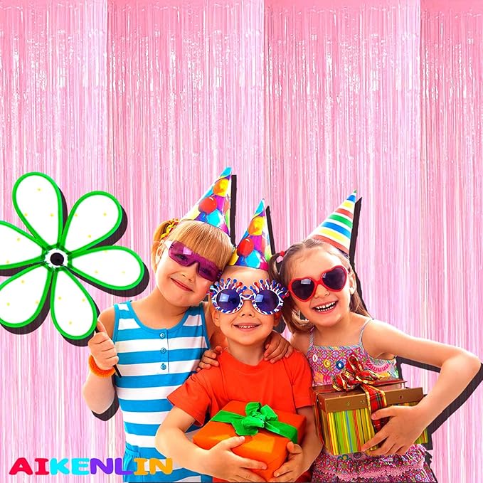 4 Pack Macaron Pink Foil Fringe Curtain Backdrop, 3.2Ft x 9.8Ft Metallic Tinsel Foil Fringe Streamers Curtains for Party, Photo Booth Prop, Birthday, Wedding, Christmas Party Decoration Supplies