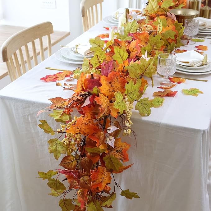 MIZII Fall Decor Artificial Maples Leaf Pumpkin Garland 10FT Autumn Maple Vines Garland Thanksgiving Halloween Harvest Decorations for Home Porch Mantle Fireplace Farmhouse Outdoor Indoor (10FT,Maple)