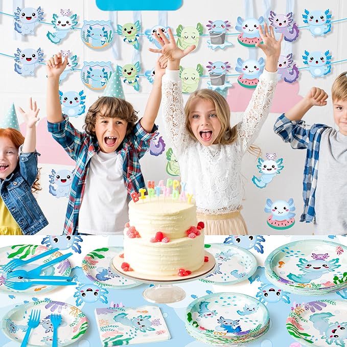 Blue Axolotl Party Decoration - Serves 24 - 112Pcs Cute Cartoon Axolotl Party Supplies, Animals Disposable Plate Napkin Forks Tablecloth Banner Card, for Kids Boy Birthday Baby Shower