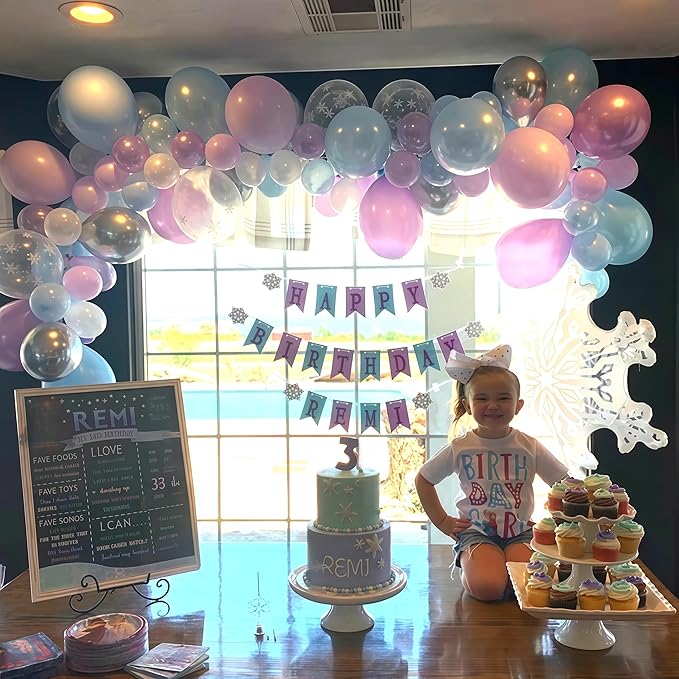 Winter Balloon Garland Arch Kit, 103Pcs Pearl Purple Blue White Metallic Silver Snowflake Latex Balloons Garland for Christmas Winter Wonderland Theme Princess Birthday Baby Shower Party Decorations