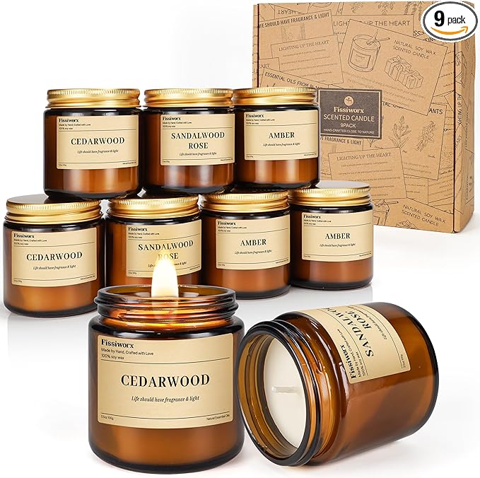 9 Pack Soy Candles for Home Scented |（Cedarwood/Sandalwood Rose/Amber） Long-Lasting 270 Hours, Natural Scented Candles Gift for Women & Men, Birthday, Mother’s Day, Christmas, Thanksgiving