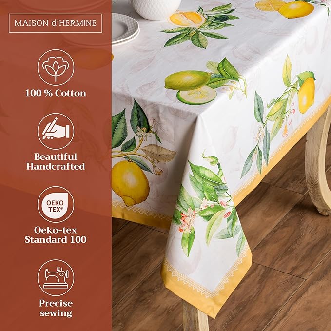 Maison d' Hermine Table Cloth Rectangle Table 100% Cotton 70 x 140 Inches Tablecloth Reusable Decorative for Dining Room, Farmhouse, Home, Party, Festive & Wedding Spring Summer - Limoncello