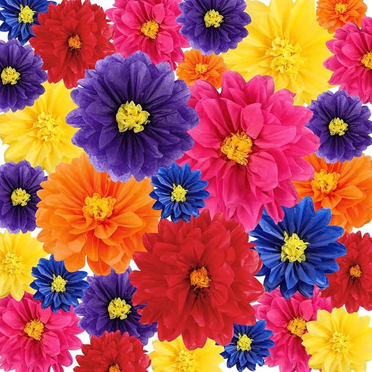 Geyee 18 Pcs Mexican Paper Flowers Colorful Fiesta Tissue Paper Flowers Pom Poms Mexican Carnival for Floral Party Backdrop Wedding Birthday Party Craft, 6" 8" 10"(Dark Color)