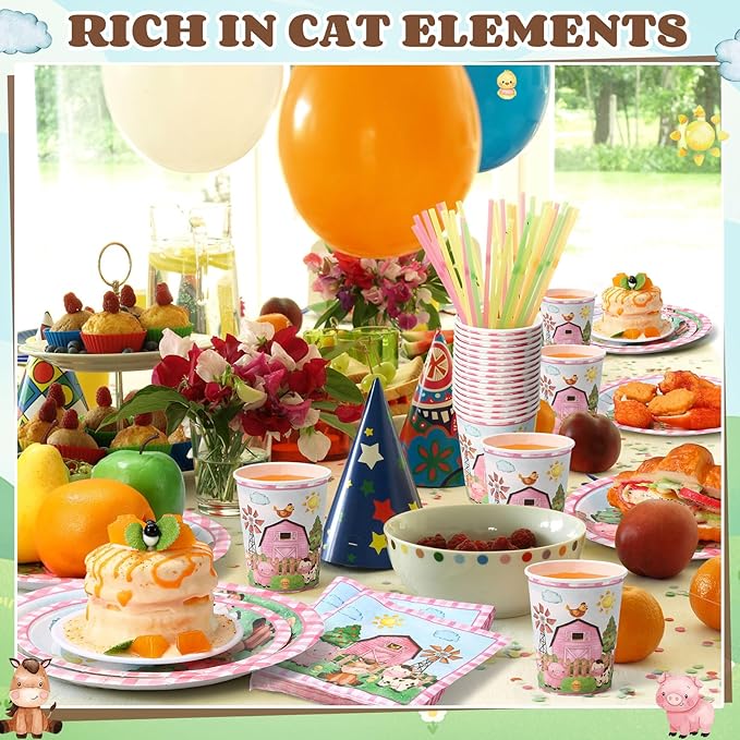 250 Pcs Farm Animals Themed Party Decorations Barn Animal Paper Plates Cups and Napkins Disposable Pink Barnyard Farm Tableware Set for Birthday Baby Shower Party Supplies, Serves 50