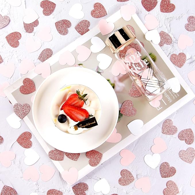 Rose-Gold Pink White Heart Confetti - 200pcs Engagement Wedding Baby Shower Bachelorette Mothers Day Valentines Birthday Party Table Decoration Glitter Paper Decor Lasting Surprise