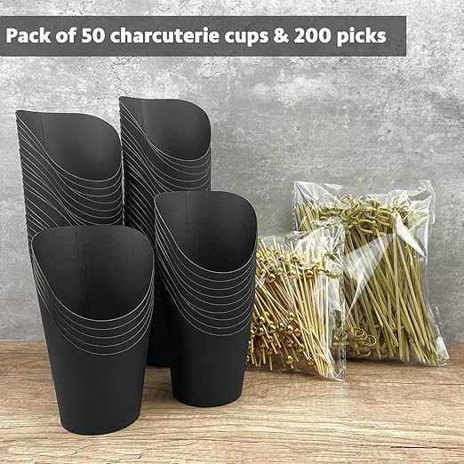 [50 Cups + 200 Picks] CAMKYDE 14 oz Disposable Charcuterie Cups with Sticks (Black)
